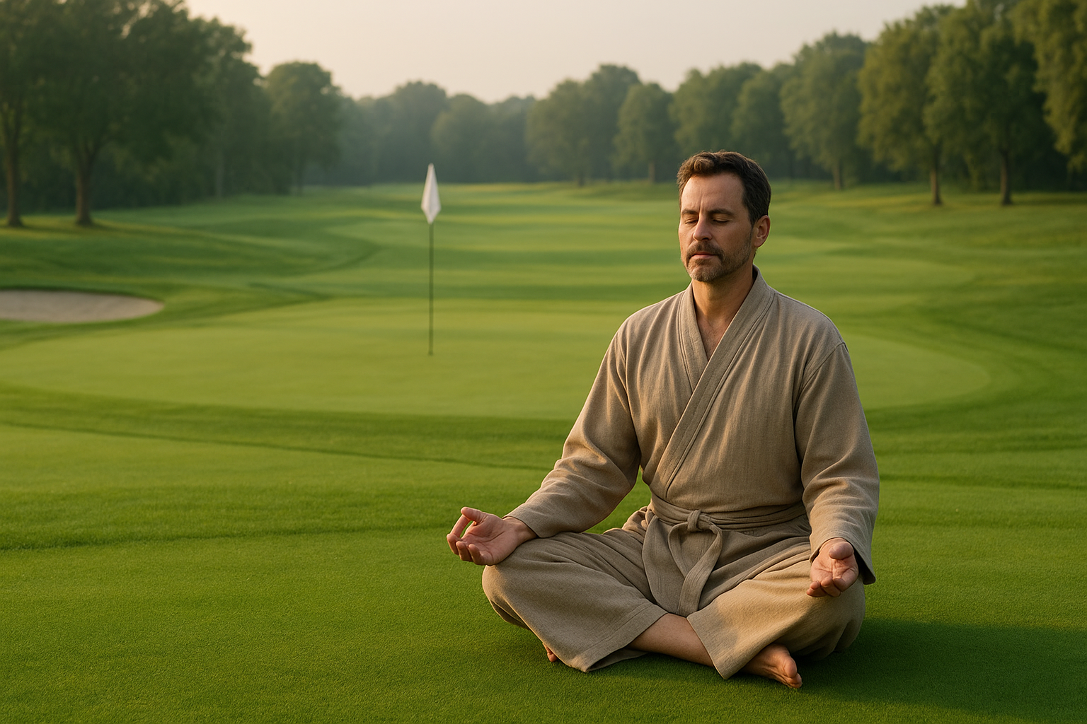 Man meditating in lotus position on a golf green, embracing calm and focus in the early morning light.