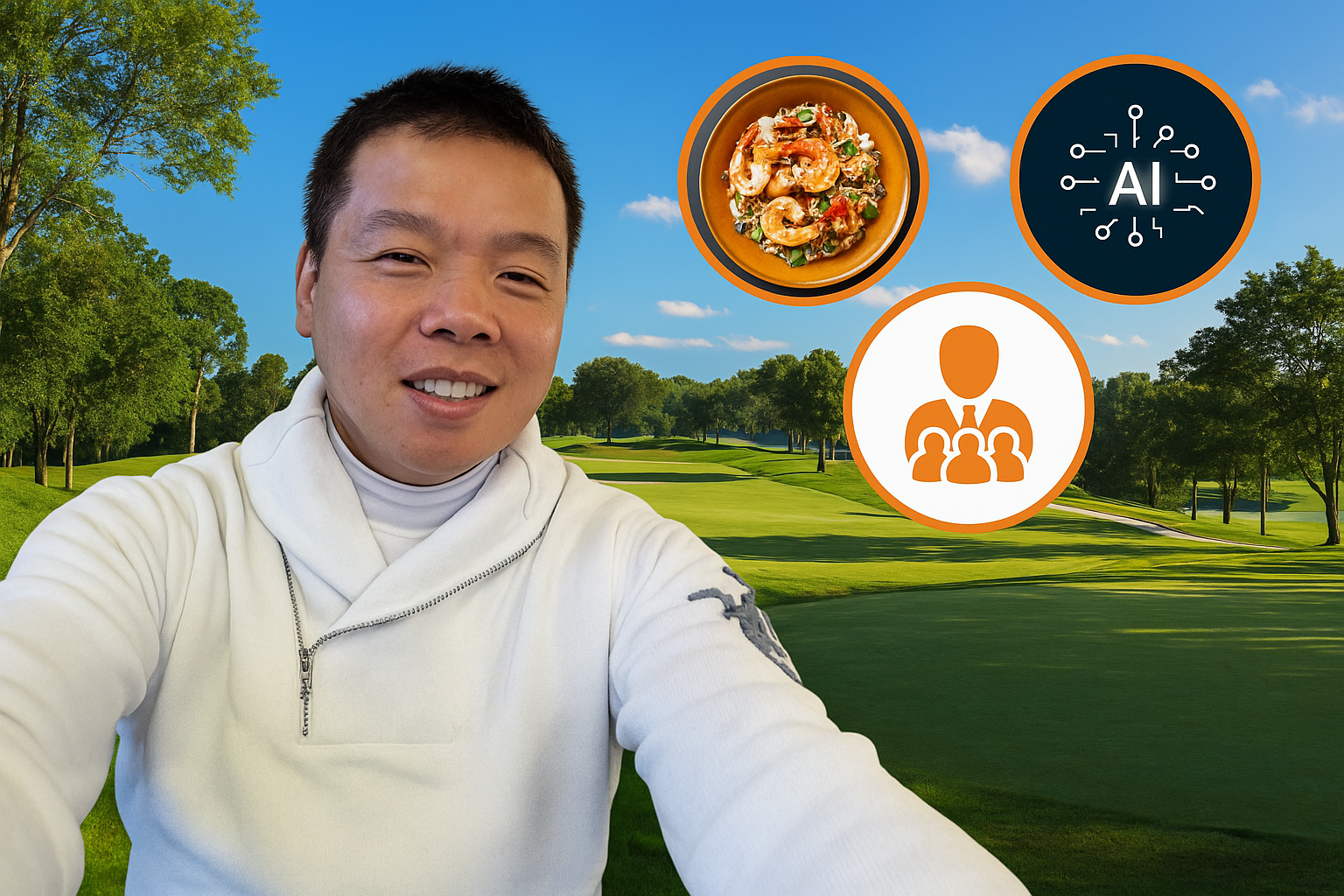 Hung C. Chow smiling on a golf course, with icons representing food, AI, and leadership — banner image for MyJLStory, a Golf Blog, Food Blog, and parenting reflections site.
