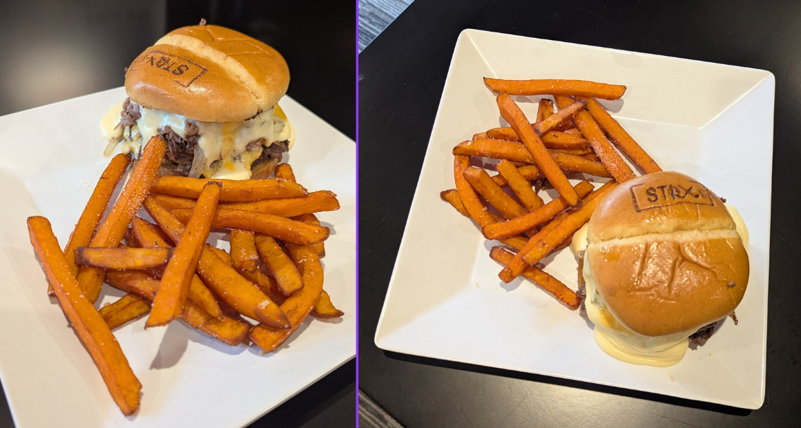 Side-by-side view of Sugarbush Cheesesteak Smashed Burger served with sweet potato fries on white plates