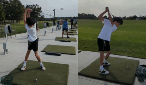 Side-by-side images of a golfer at the top of the backswing, demonstrating rotation and structure during setup for power.