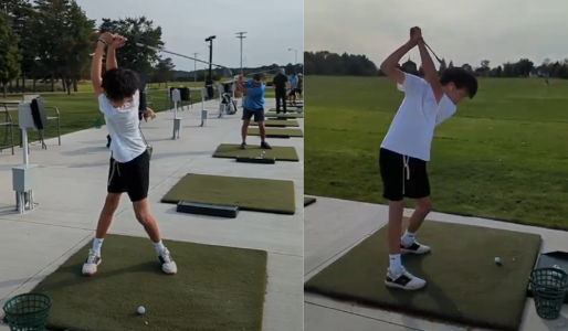 Side-by-side images of a golfer at the top of the backswing, demonstrating rotation and structure during setup for power.
